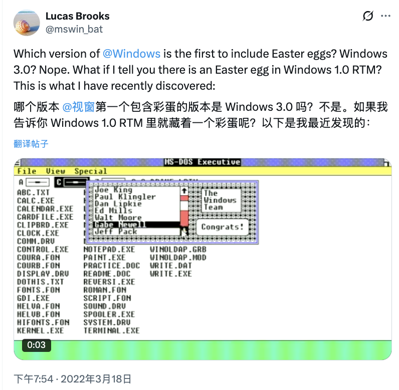 1980 年代中期，Windows 1.0 正式发布之前，开发团队悄悄在代码中加入了一份“鸣谢名单”